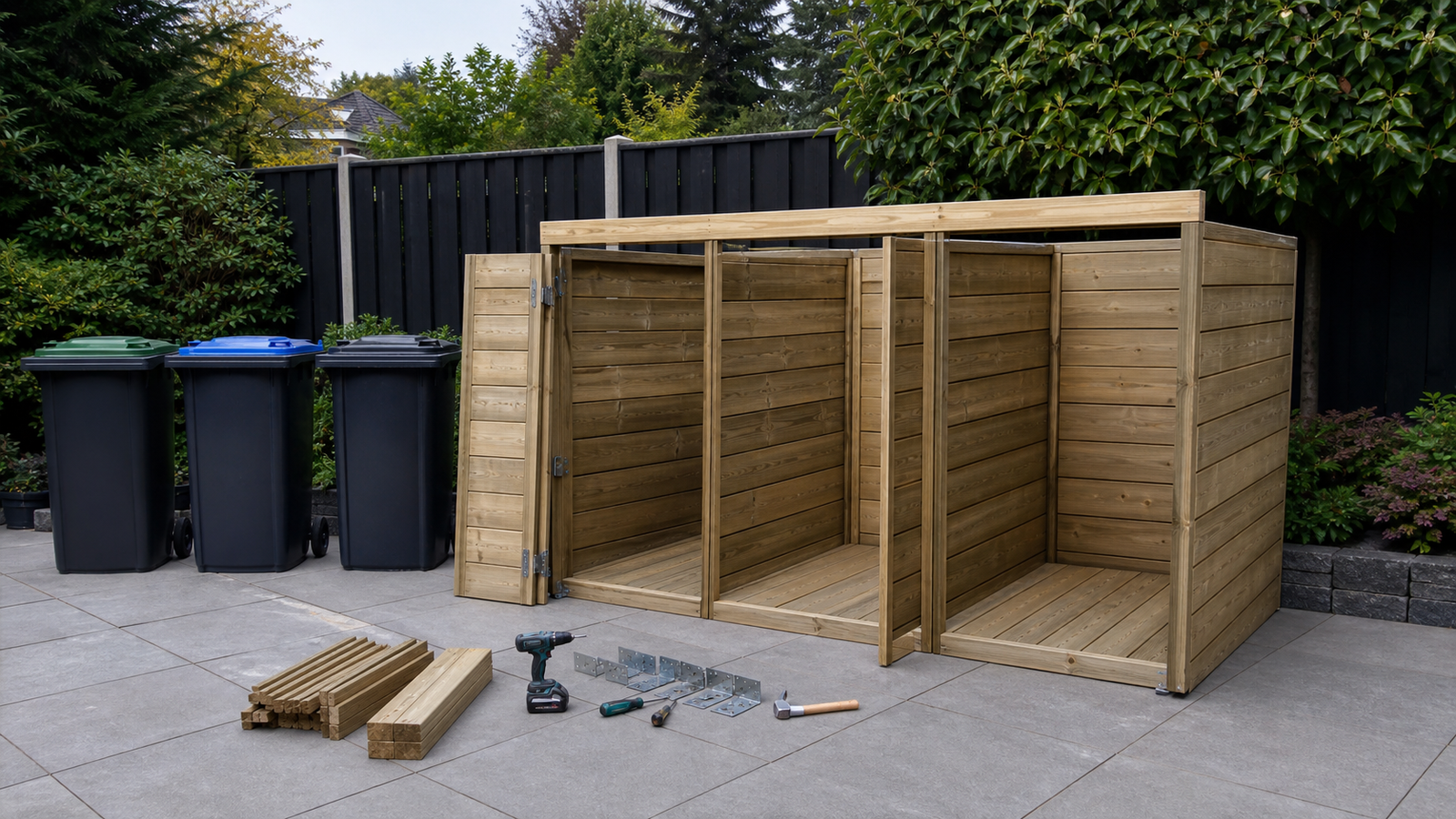 Montage van een houten containerombouw op een vlakke bestrating