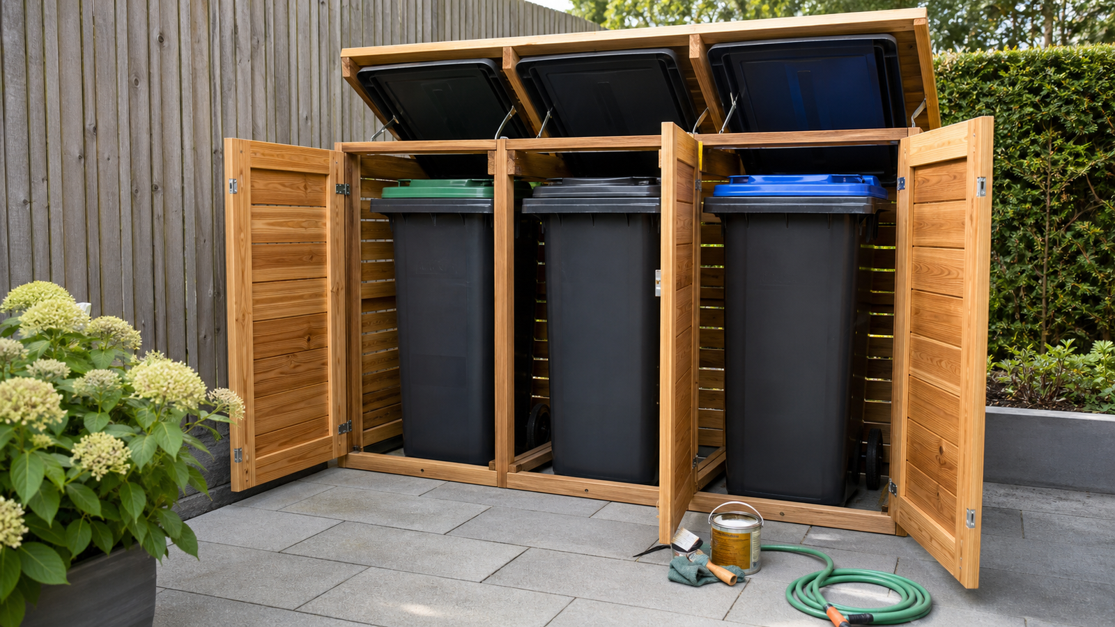 Onderhoud en reinigen van een houten containerombouw voor drie containers