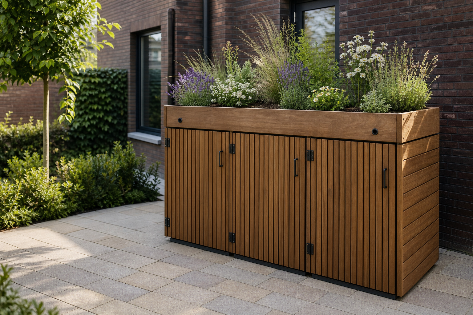 Houten containerombouw voor drie kliko’s met een diepe plantenbak vol bloemen en siergrassen