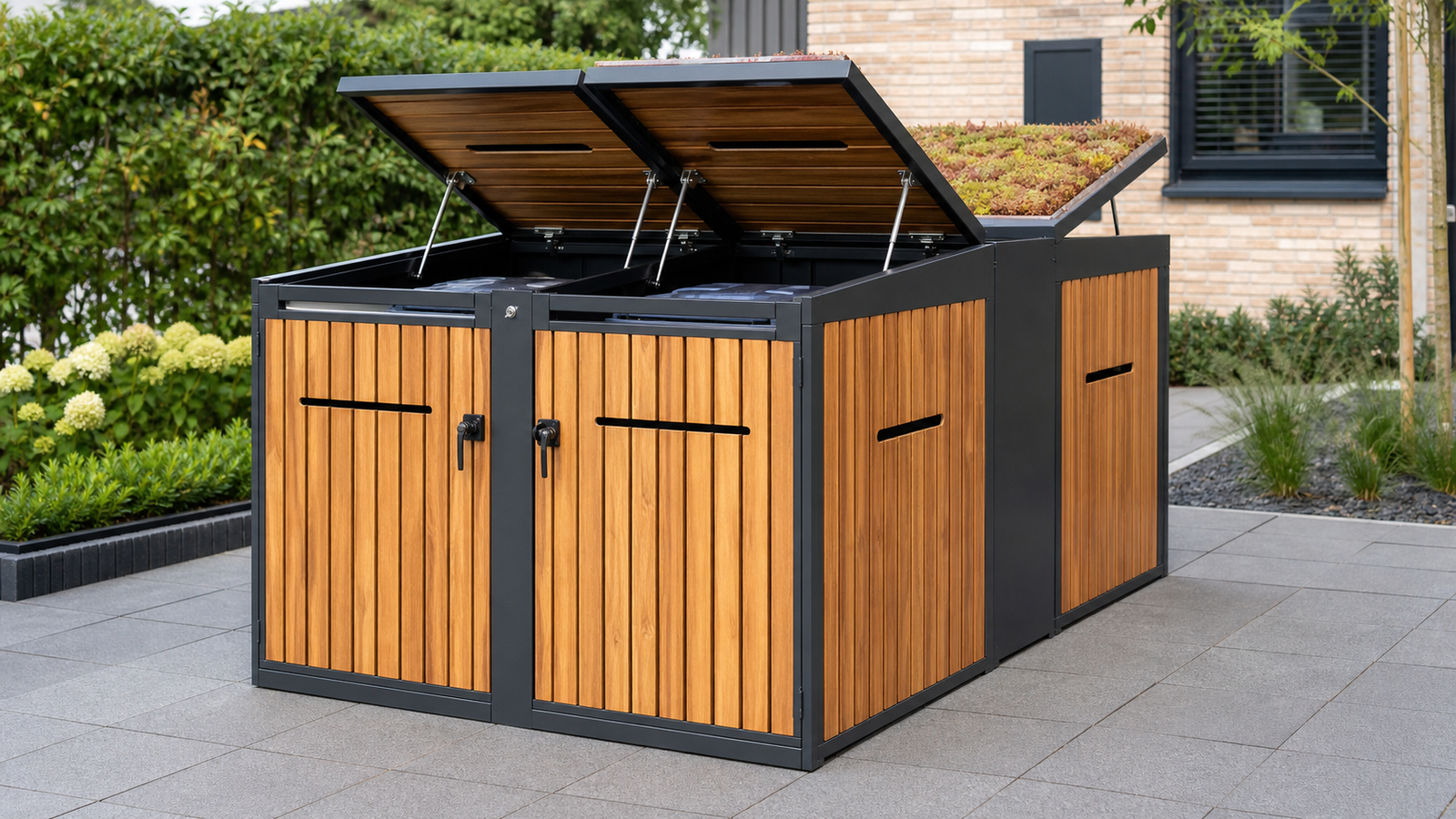 Containerombouw met opties zoals gasveren, ventilatie en groendak