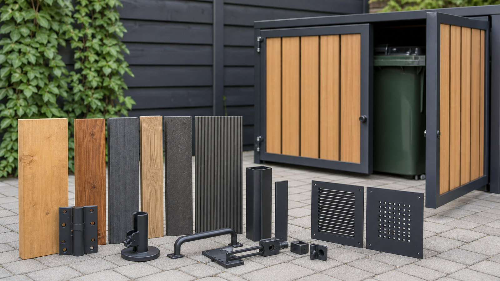 Materialen en beslag voor een containerombouw van hout metaal en composiet