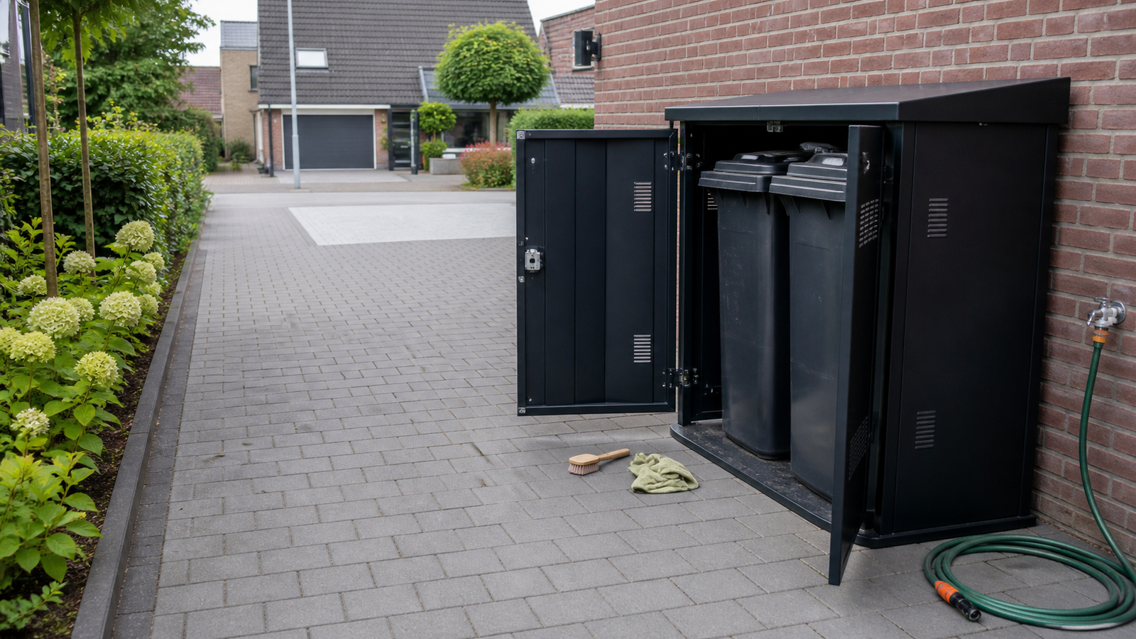 Containerombouw op vlakke bestrating met vrije looproute en onderhoudsruimte