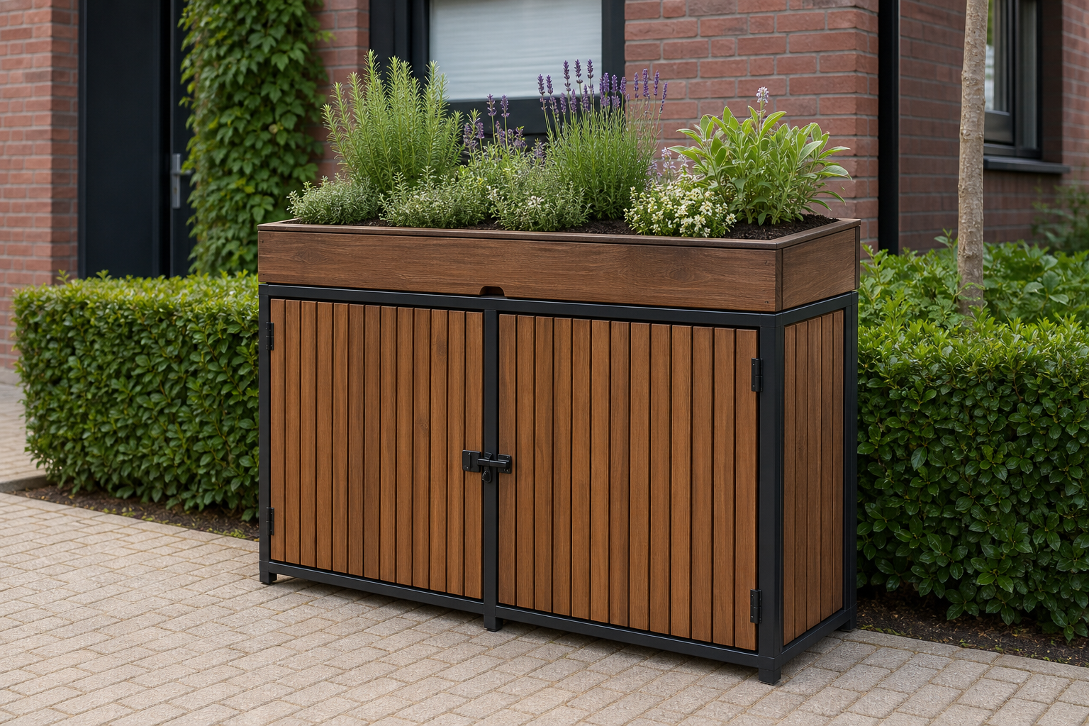 Houten containerombouw voor twee kliko’s met een diepe plantenbak met kruiden en bloemen