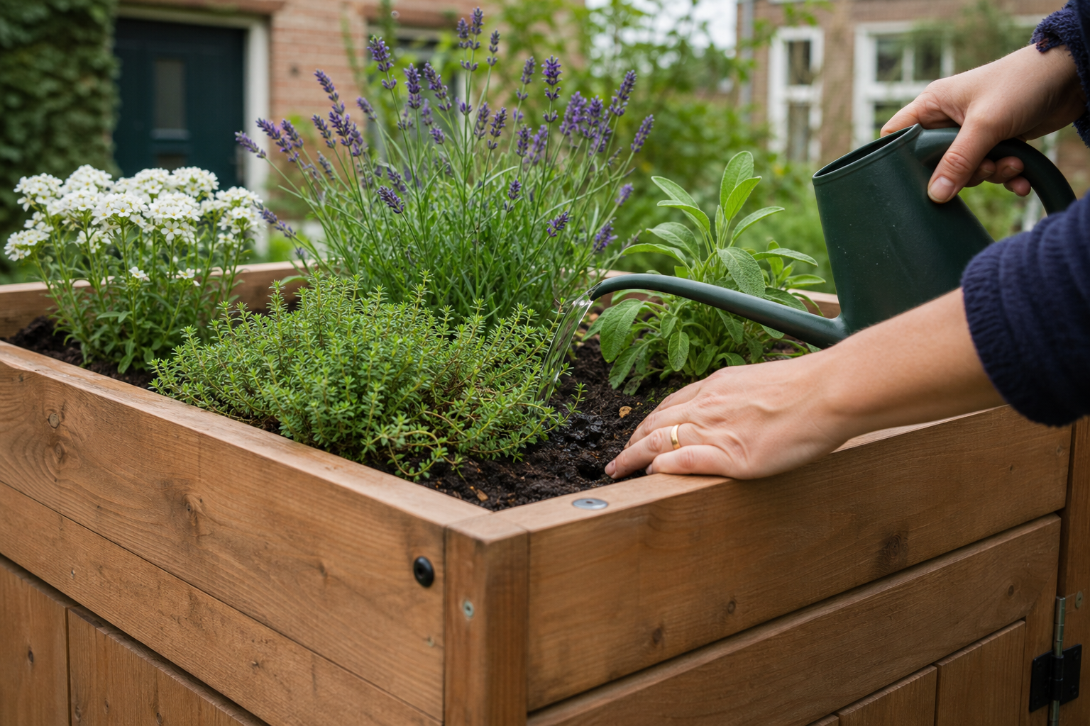 Planten en kruiden in de verhoogde bak op een containerombouw krijgen water