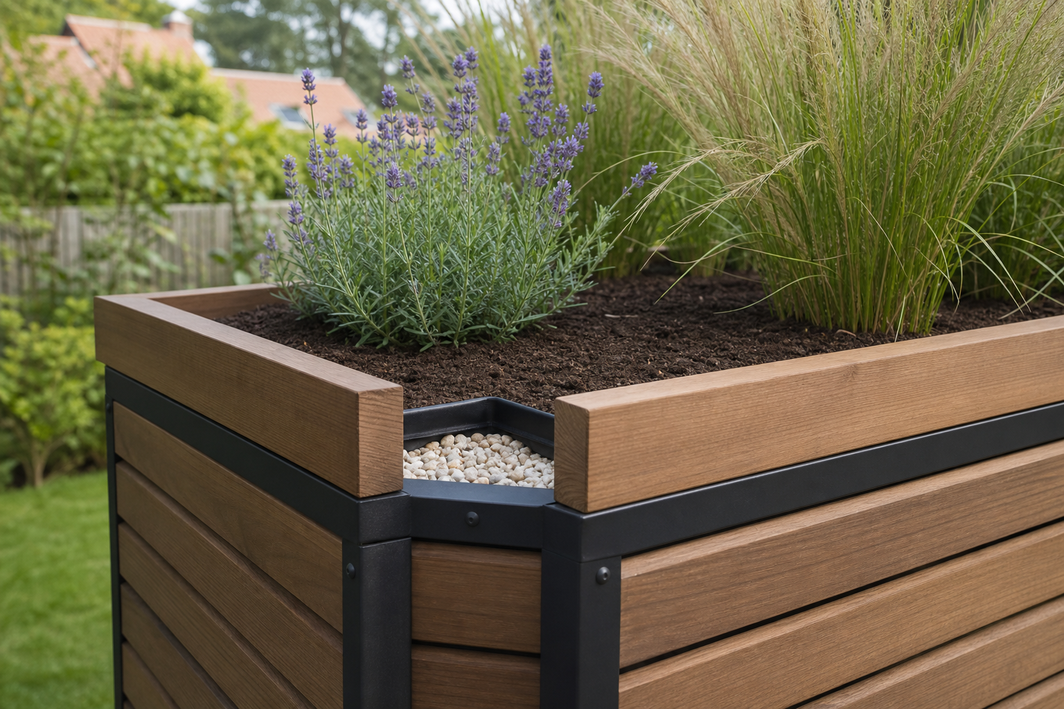 Detail van de opstaande plantenbak met potgrond, drainagegrind, lavendel en siergras
