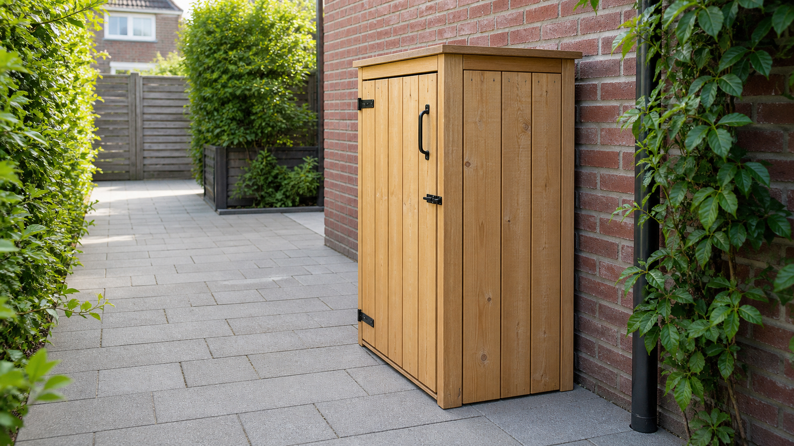 Houten containerombouw voor 1 kliko volledig geplaatst op vlakke bestrating naast een woning
