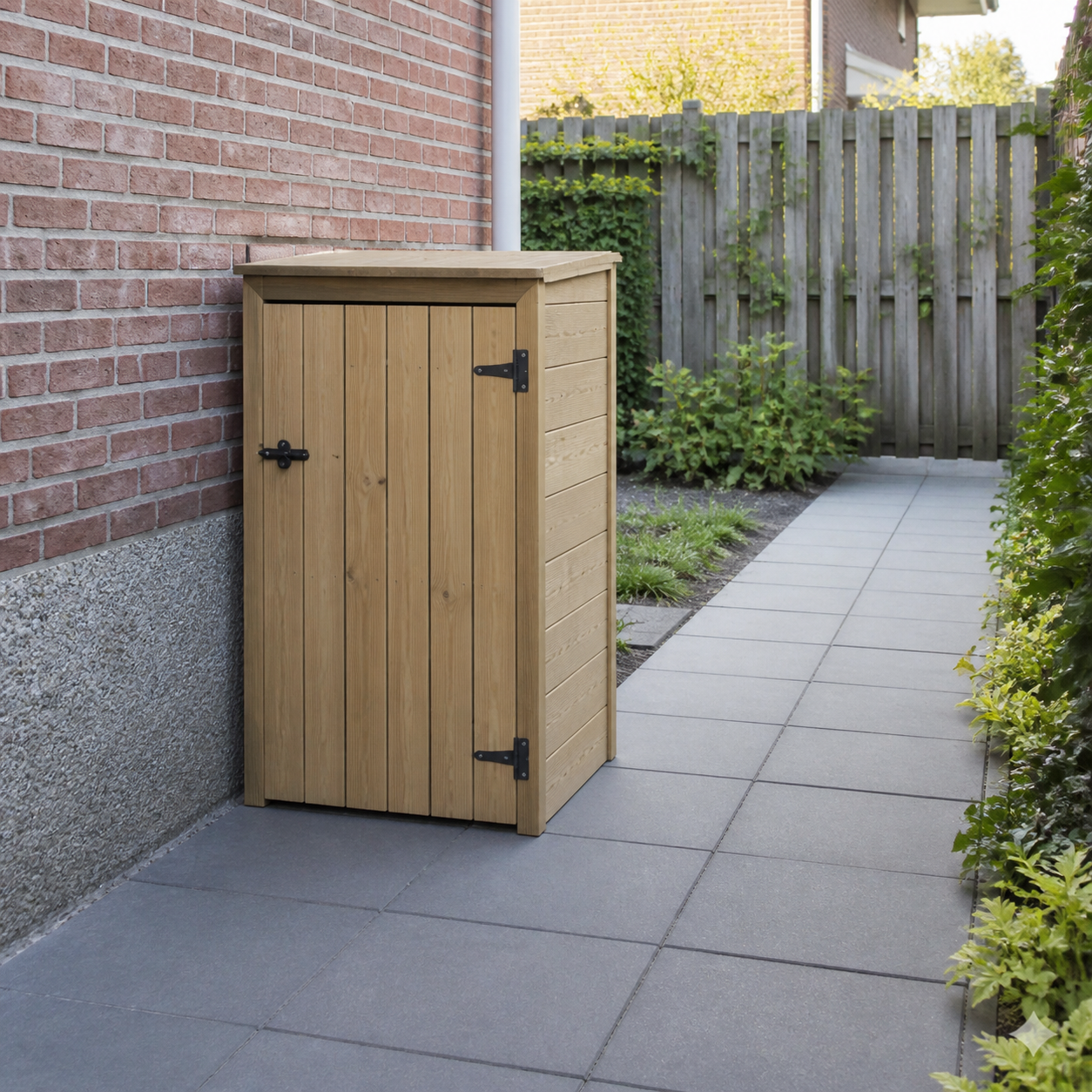 Houten containerombouw voor 1 kliko langs een brede looproute