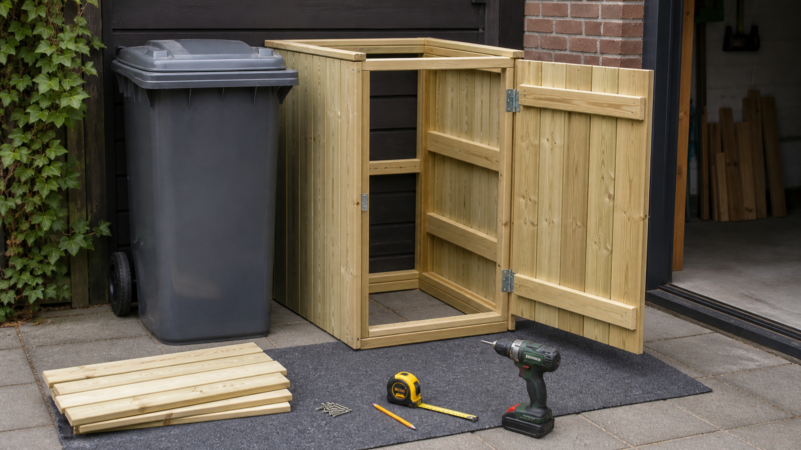 Zelfbouw containerombouw voor 1 kliko met houten frame, gereedschap en meetlint op bestrating