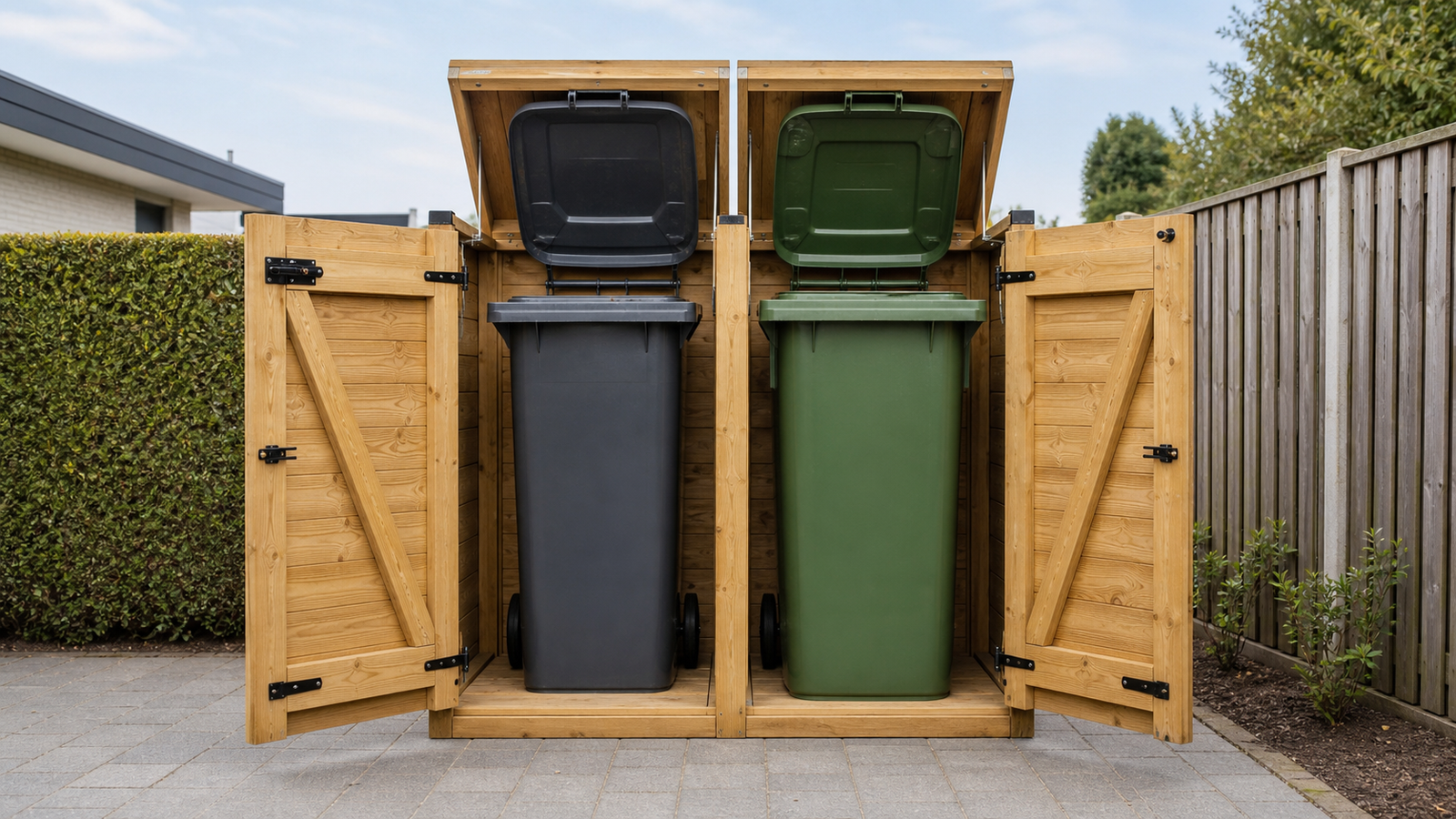 Open containerombouw voor 2 containers met kliko’s voor maatvergelijking 140 en 240 liter