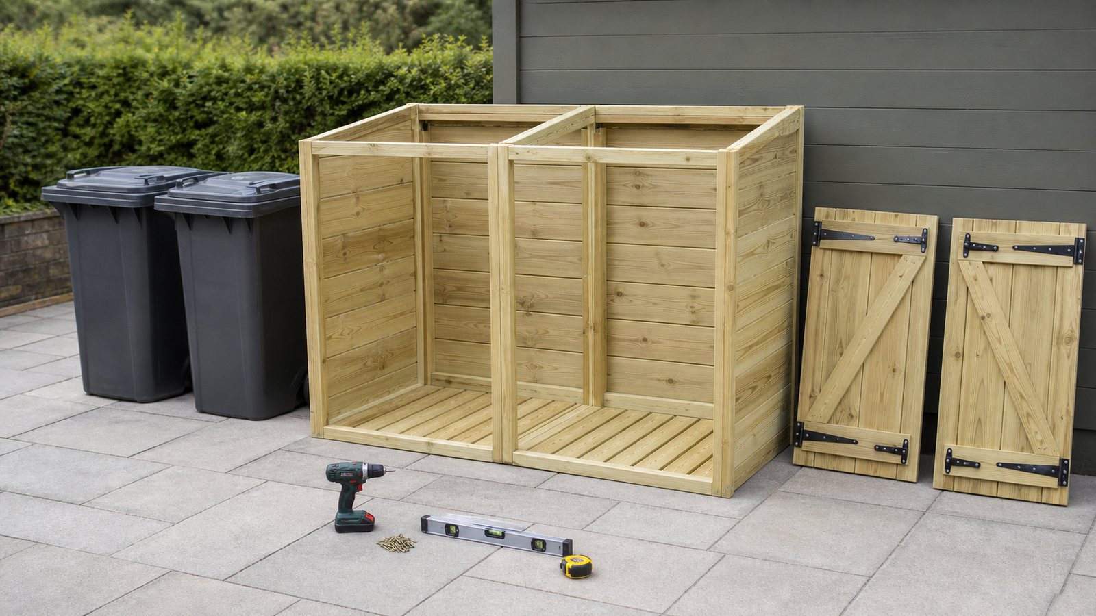Zelfbouw containerombouw voor 2 containers met houten frame gereedschap en twee kliko’s