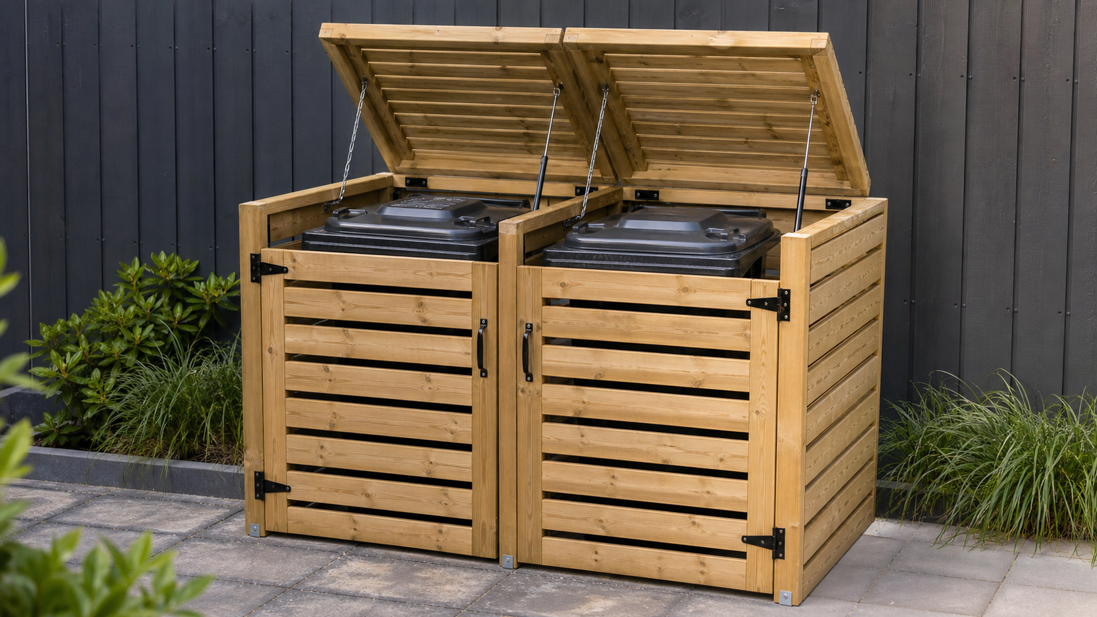 Containerombouw voor 2 containers met open deksels gasveren kettingen en zwarte hardware