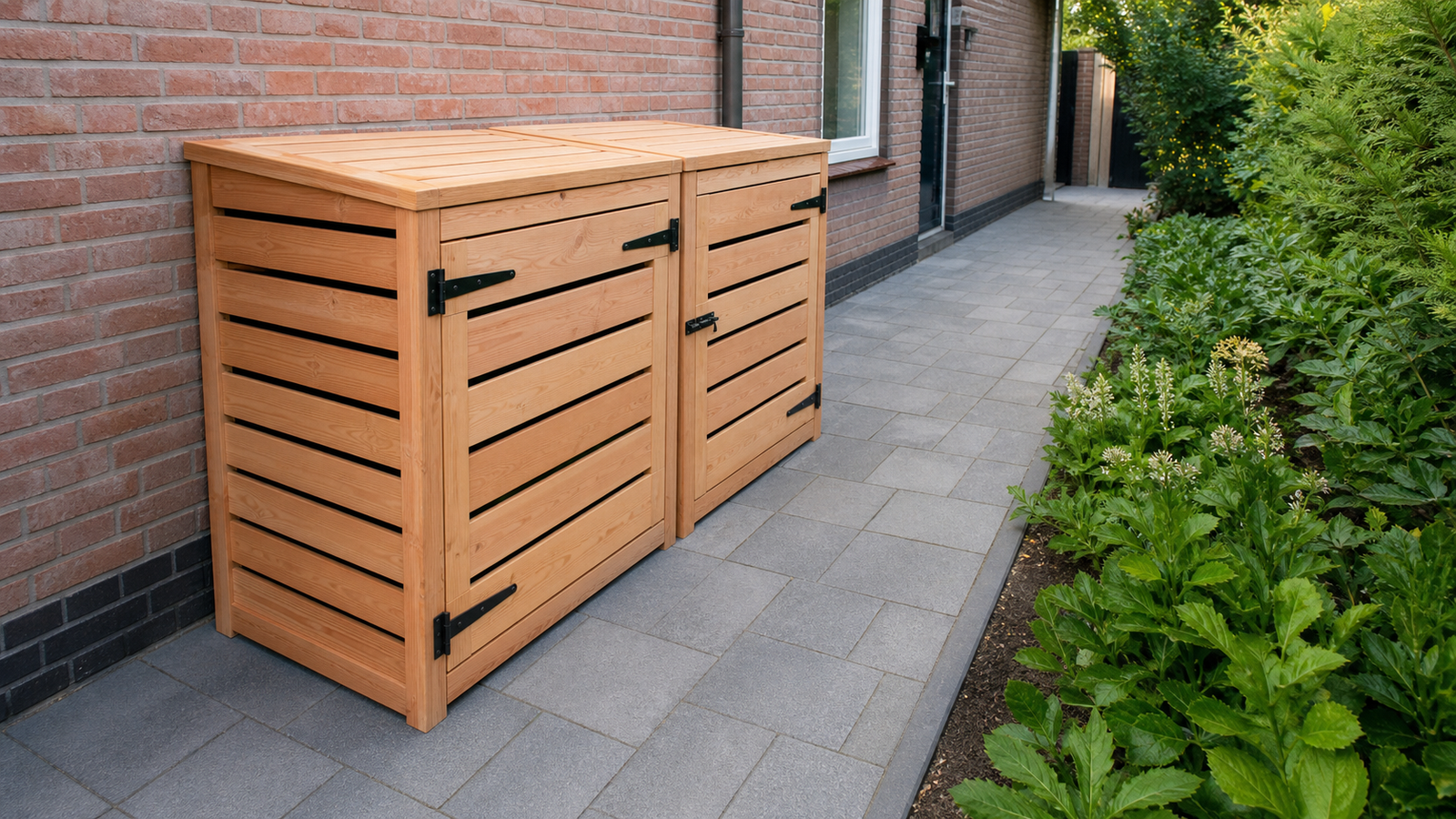 Houten containerombouw voor 2 kliko’s geplaatst op vlakke tegels langs een zijpad