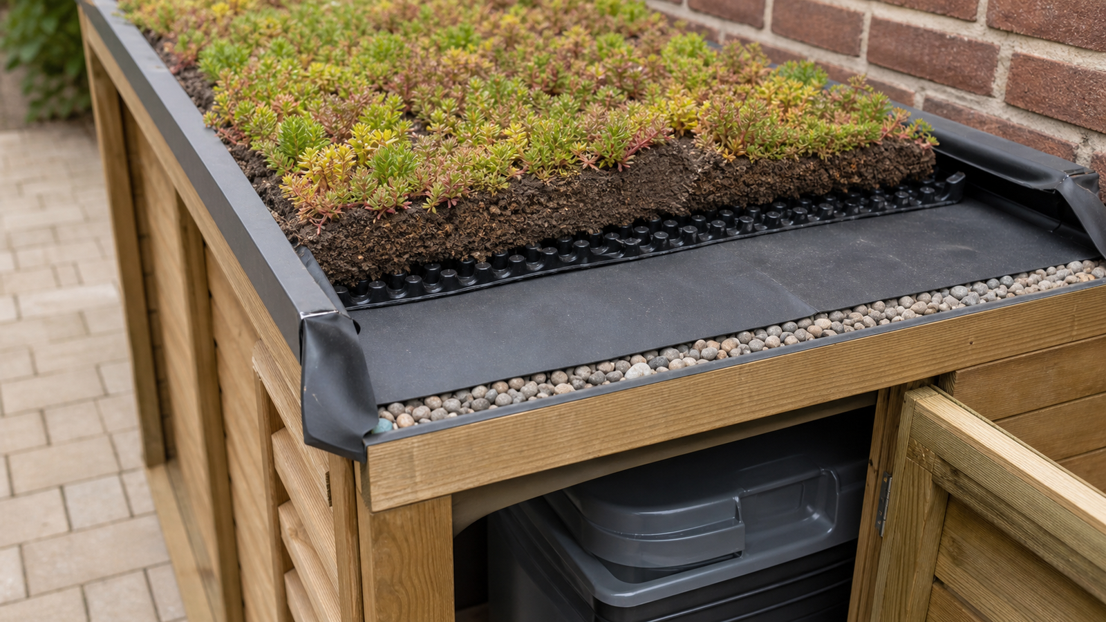 Opbouw van sedum groendak op containerombouw met drainage, substraat en dakrand