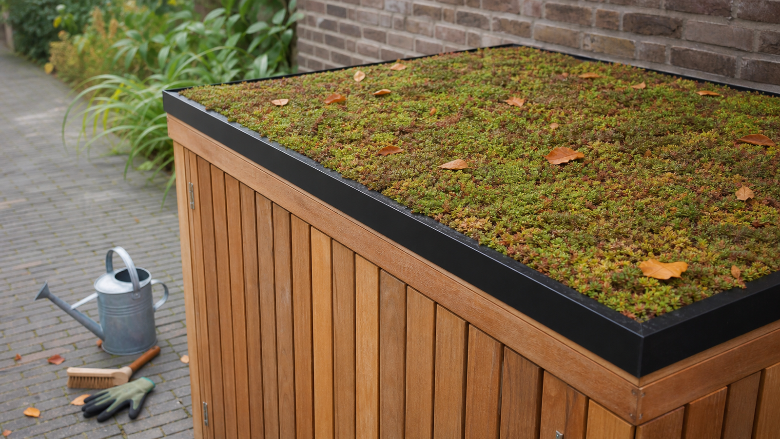 Onderhoud van sedum groendak op containerombouw met gieter en borstel