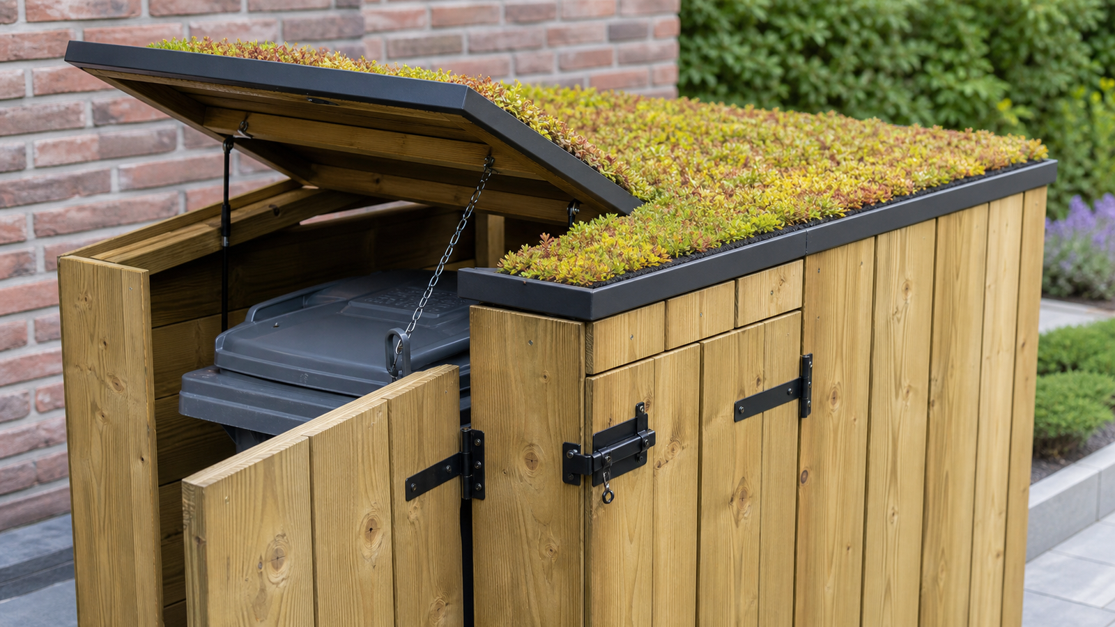 Containerombouw met groendak, gasveren, dekselkoppeling en zwart beslag