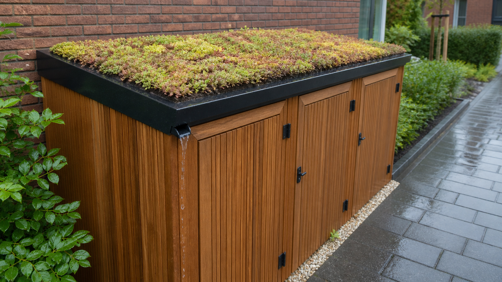 Containerombouw met groendak en waterafvoer na regen op bestrating