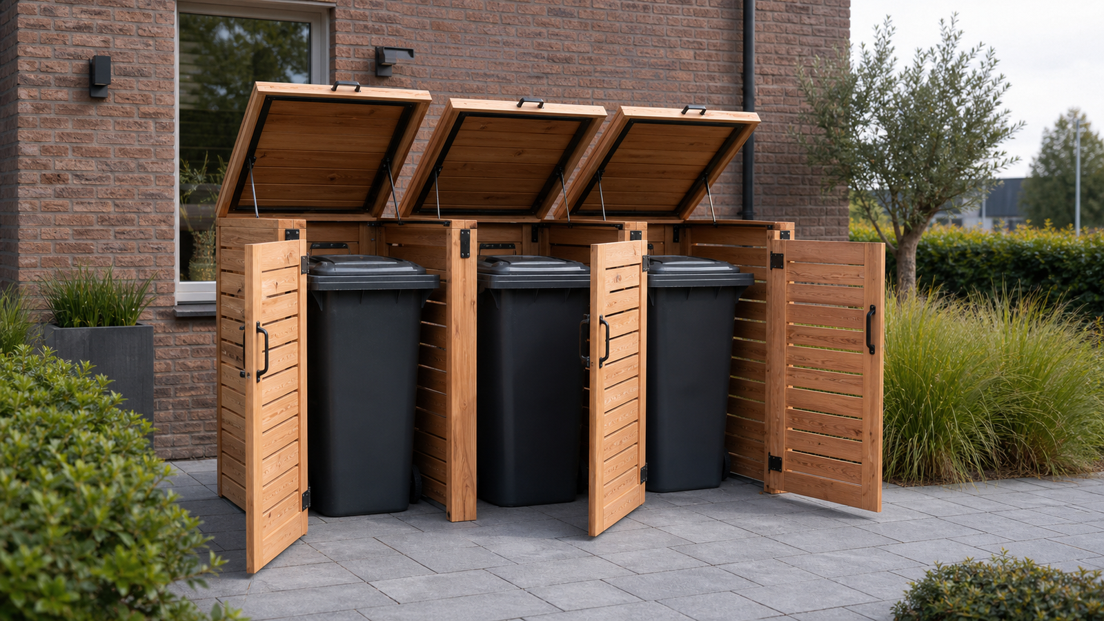 Houten containerombouw van Douglashout met drie kliko’s in een Nederlandse voortuin
