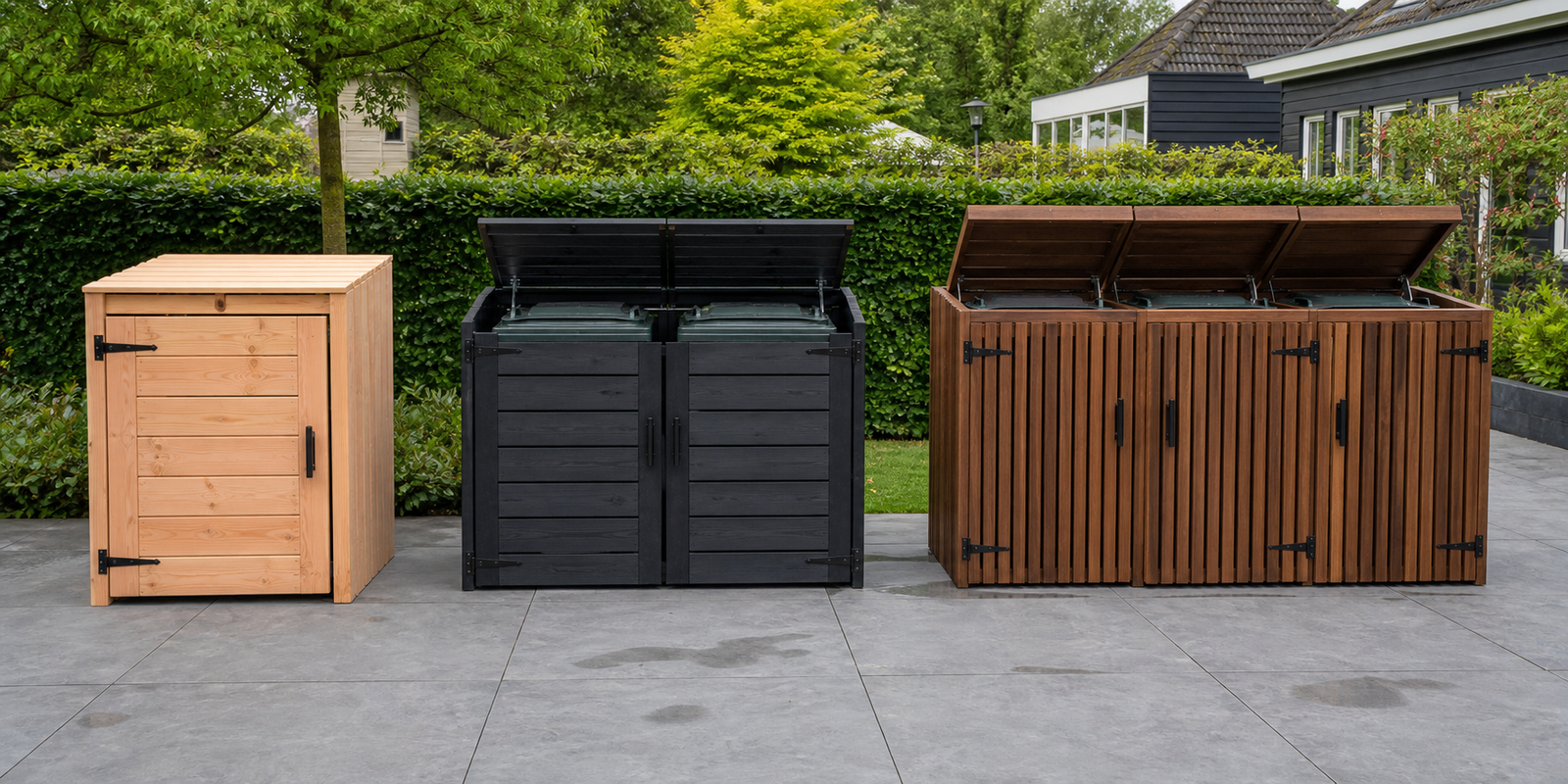 Vergelijking van naturel Douglashout, zwart gebeitste houten ombouw en verticale houten latten voor kliko’s