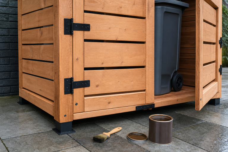 Detail van houten containerombouw met ventilatiesleuven, zwart beslag en beits voor onderhoud