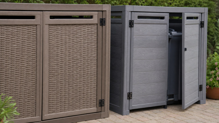 Kunststof containerombouw met rattanlook en houtlook panelen naast elkaar