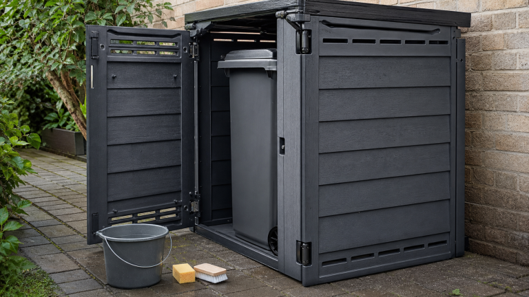 Onderhoud van kunststof containerombouw met ventilatie, reinigingsborstel en emmer