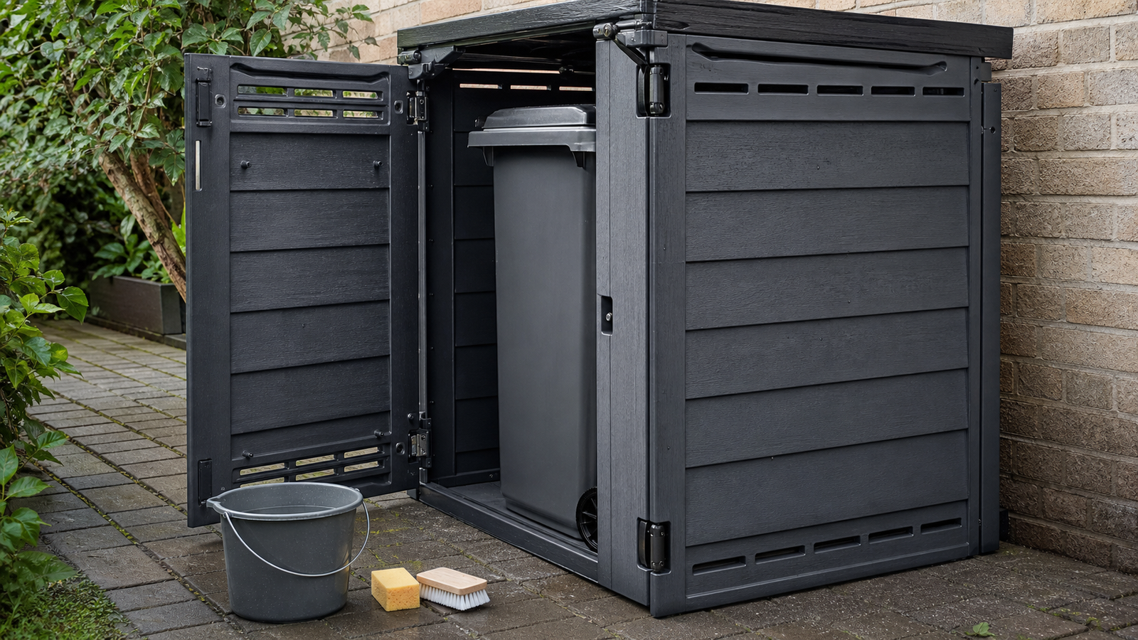 Onderhoud van kunststof containerombouw met ventilatie, reinigingsborstel en emmer