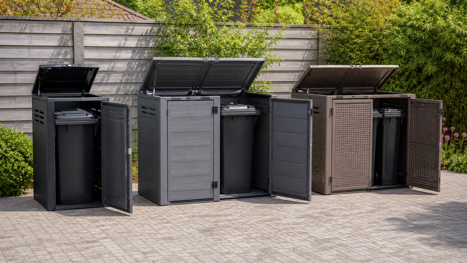 Houten containerombouw van Kunststof hout met drie kliko’s in een Nederlandse voortuin